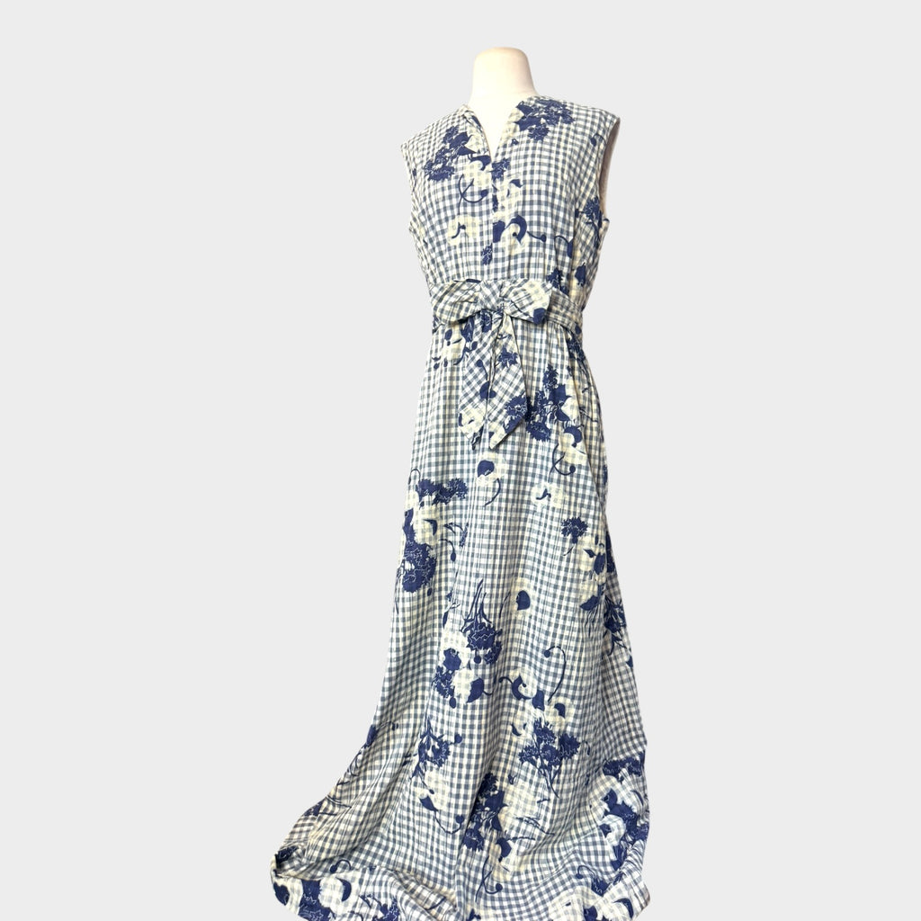Vintage 1970s Ando Couture by Aritha Blue Gingham Floral Cotton Maxi Dress