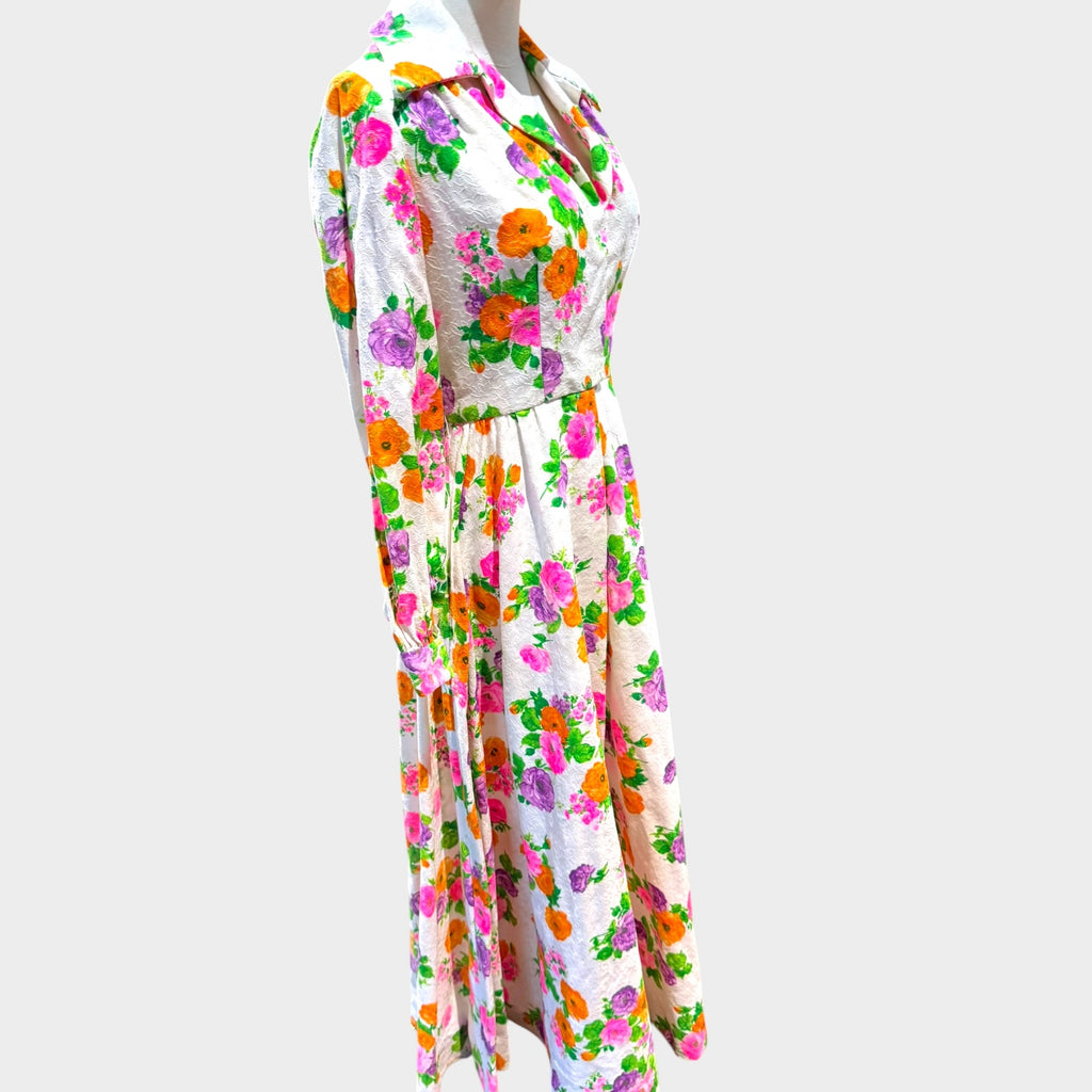 1960s Custom Made Floral texture Cotton Maxi Dress