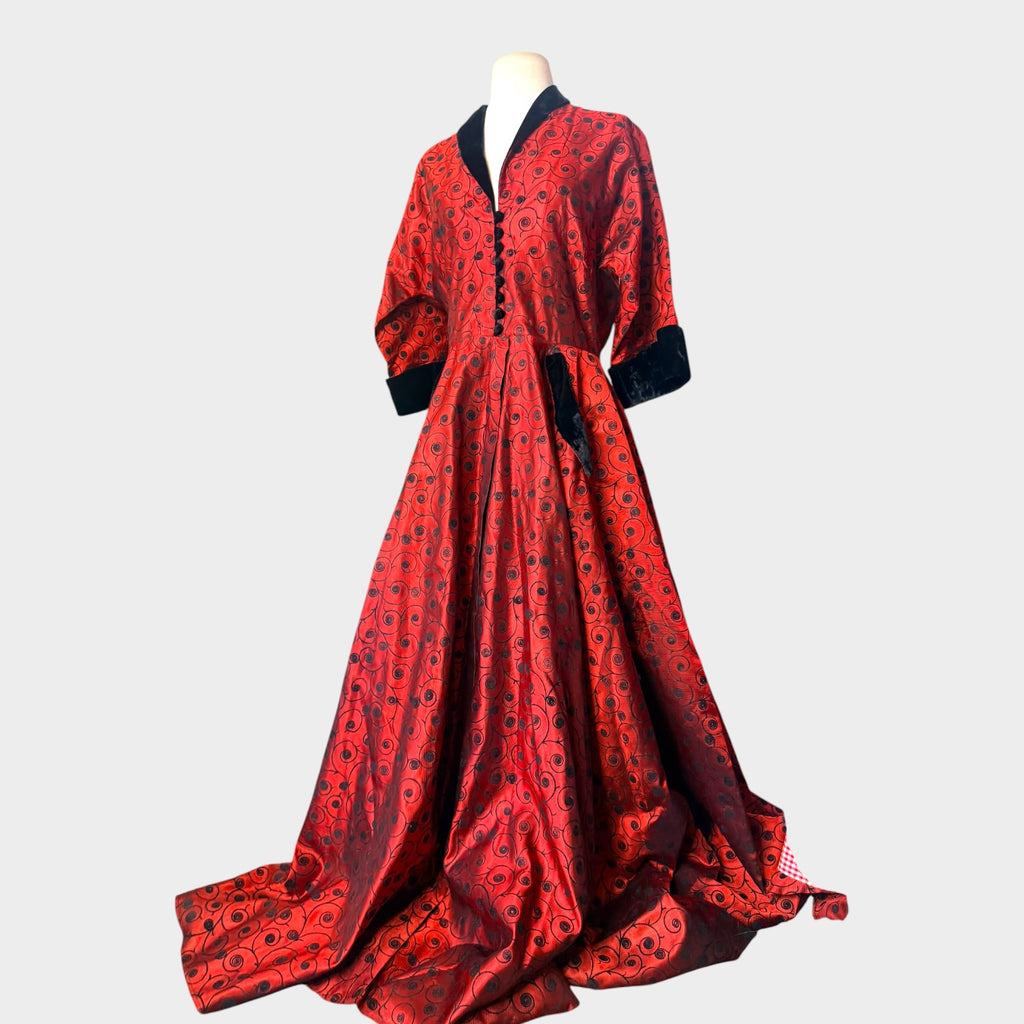 Vintage 1940s Crimson Satin Hostess Gown | Black Velvet Trim Novelty Print Glamour Robe