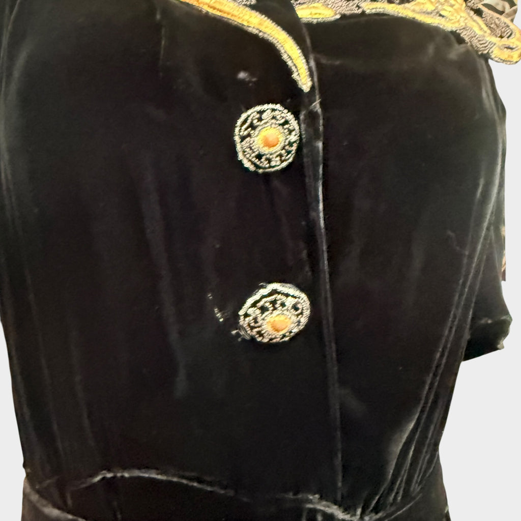 1940s Black Silk Velvet Gown with Beaded Grapevine Collar
