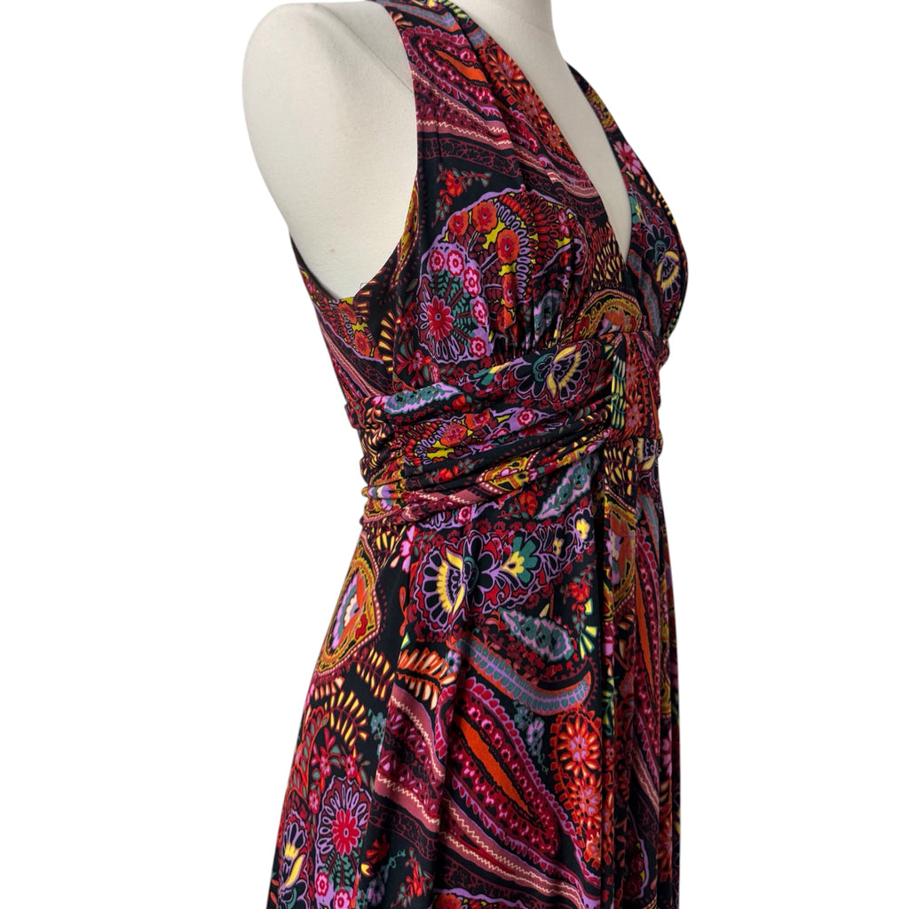 Vintage 1970s Psychedelic Paisley Halter Maxi Dress | Vibrant Boho Nylon Evening Gown