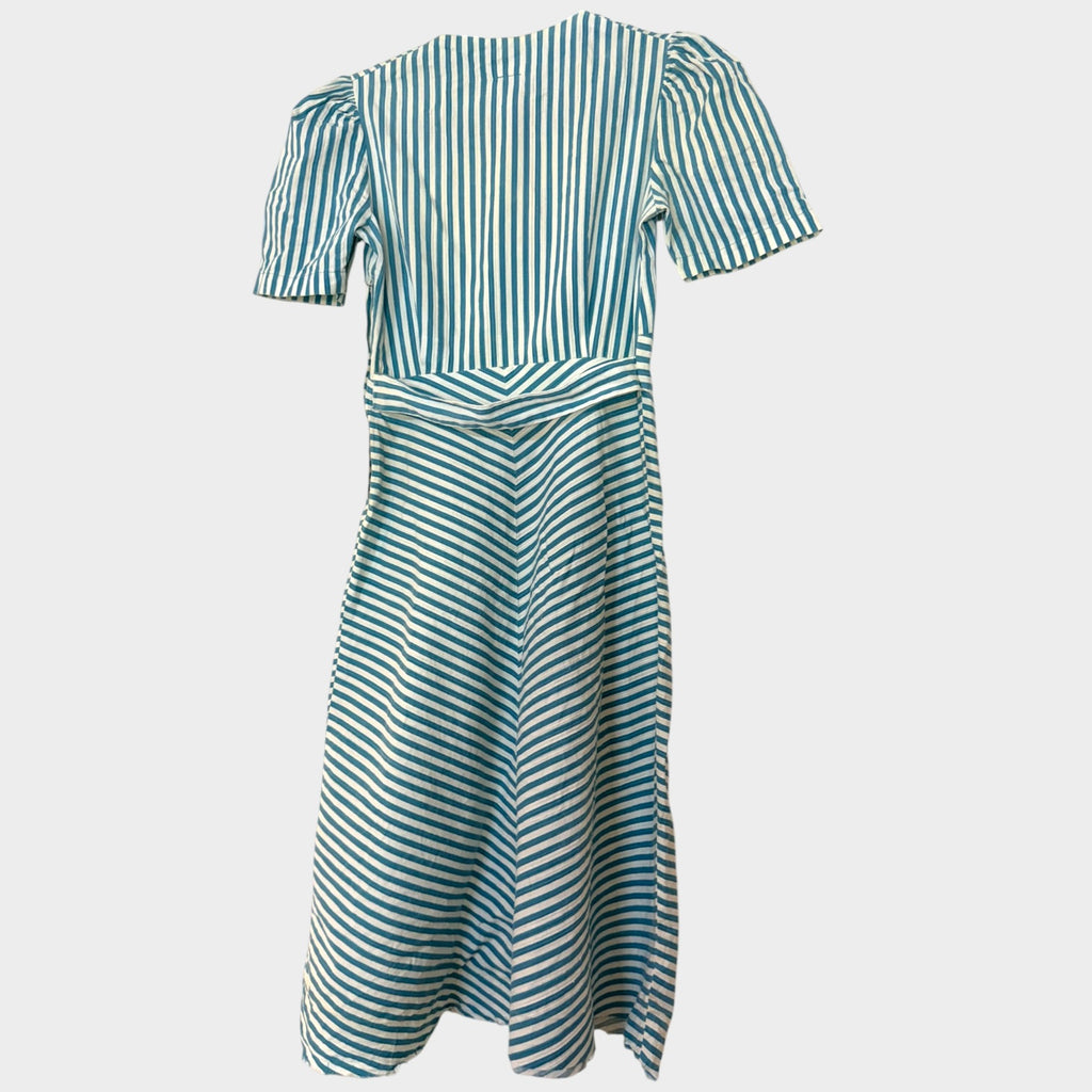 1940s Teal & White Striped Cotton Day Dress | Nautical Novelty Button Dress | Side Snap Closure