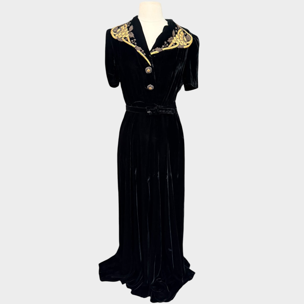 1940s Black Silk Velvet Gown with Beaded Grapevine Collar