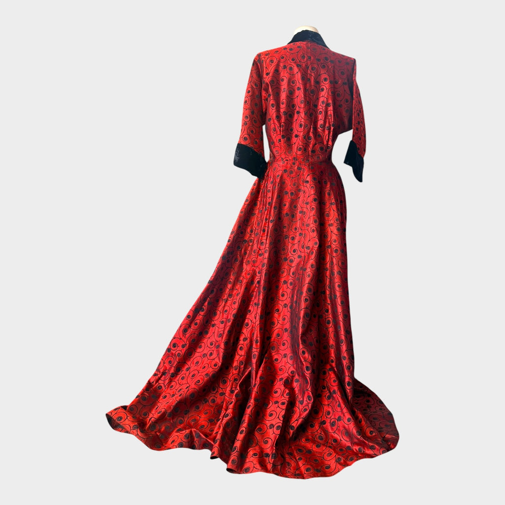 Vintage 1940s Crimson Satin Hostess Gown | Black Velvet Trim Novelty Print Glamour Robe