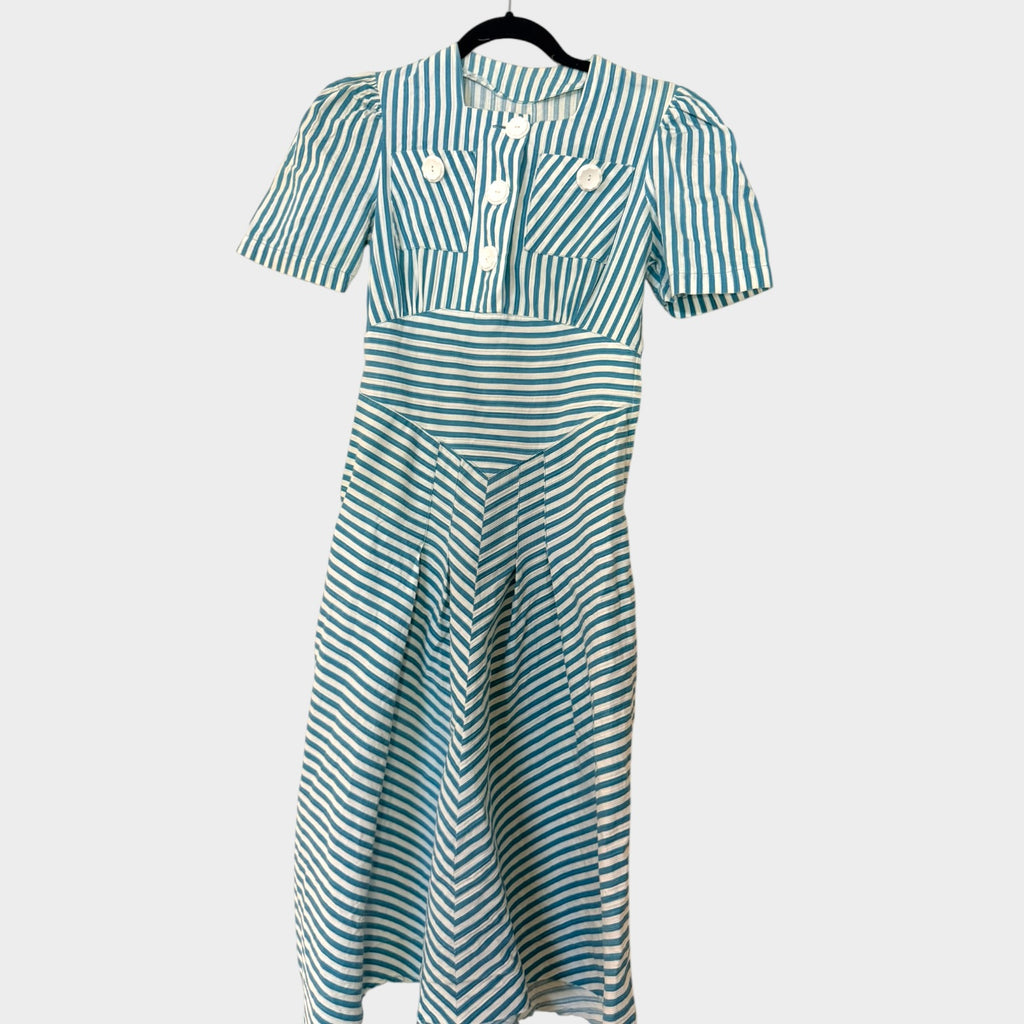 1940s Teal & White Striped Cotton Day Dress | Nautical Novelty Button Dress | Side Snap Closure
