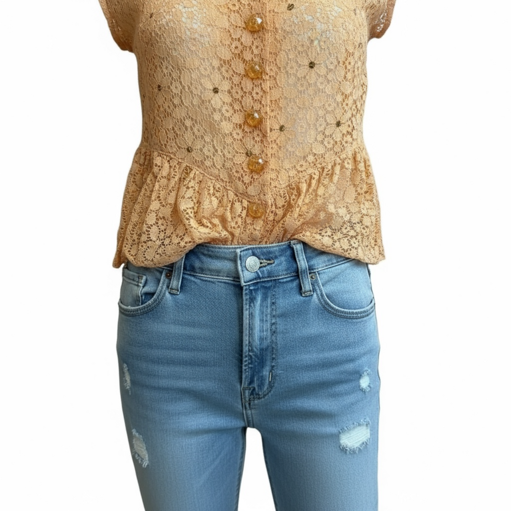 Vintage 1930s peach Lace Peplum Blouse with glass buttons