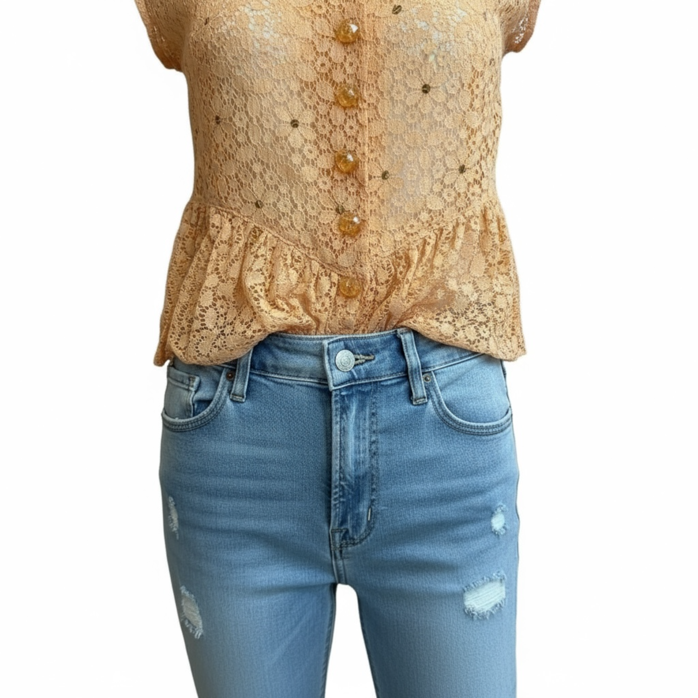 Vintage 1930s peach Lace Peplum Blouse with glass buttons