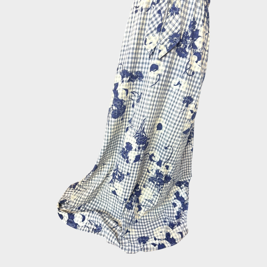 Vintage 1970s Ando Couture by Aritha Blue Gingham Floral Cotton Maxi Dress