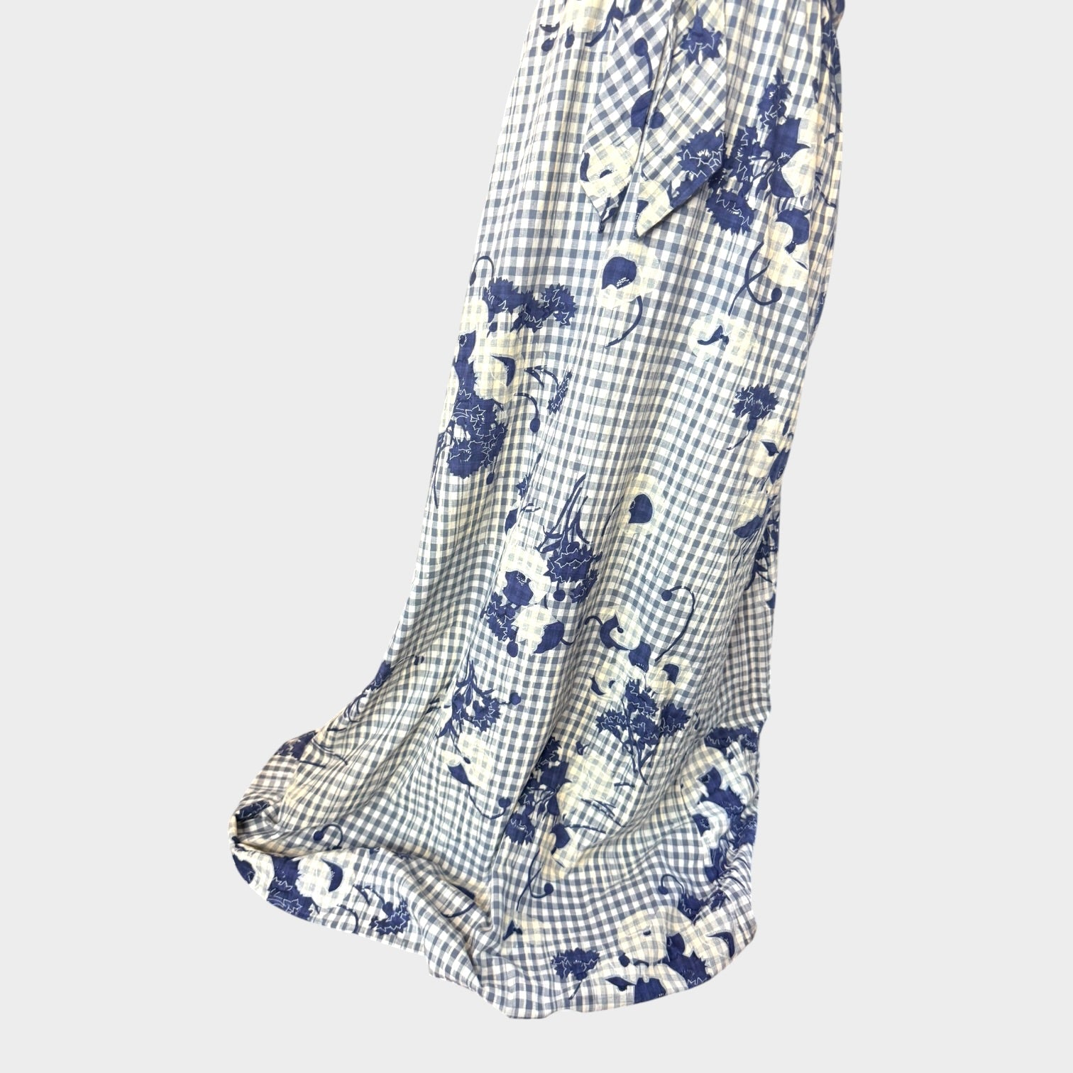 Vintage 1970s Ando Couture by Aritha Blue Gingham Floral Cotton Maxi Dress