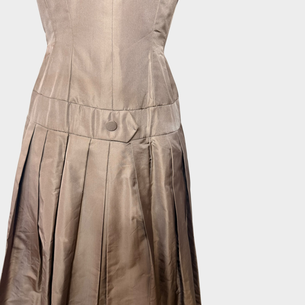 1940s Champagne Taffeta Cocktail Dress | New Look Fit & Flare Party Dress with Covered Buttons