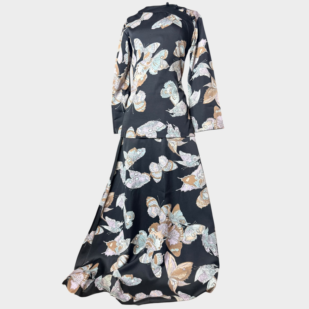 1970s Butterfly Print Maxi Skirt Set | Novelty Print Two Piece Ensemble