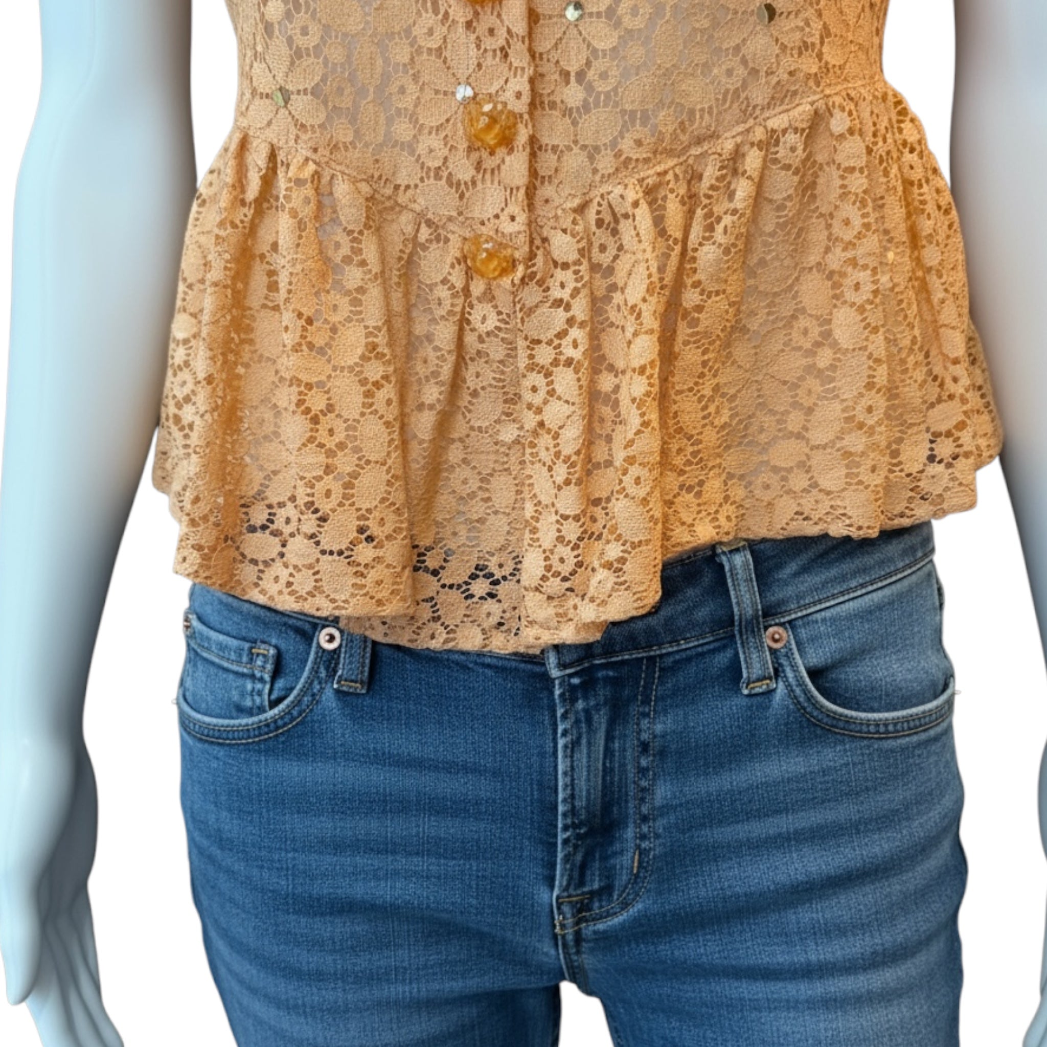 Vintage 1930s peach Lace Peplum Blouse with glass buttons