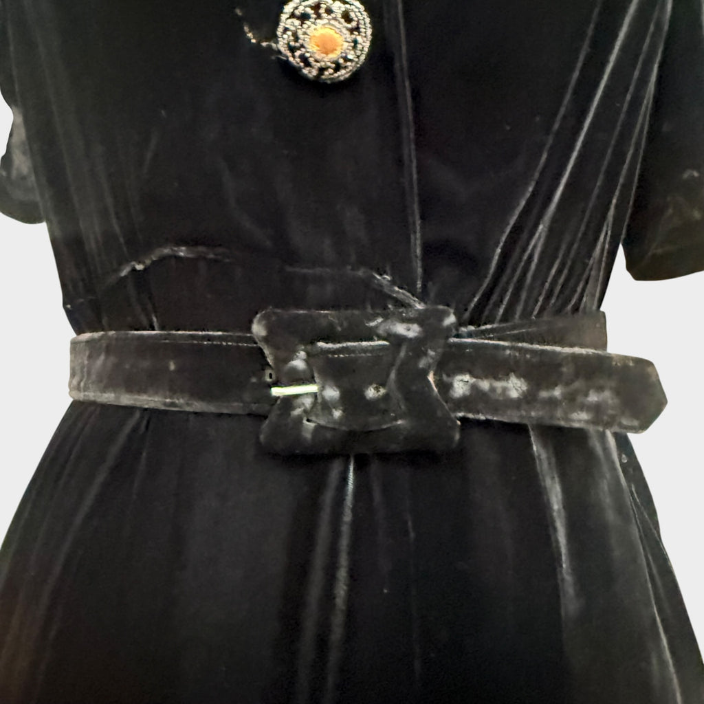 1940s Black Silk Velvet Gown with Beaded Grapevine Collar