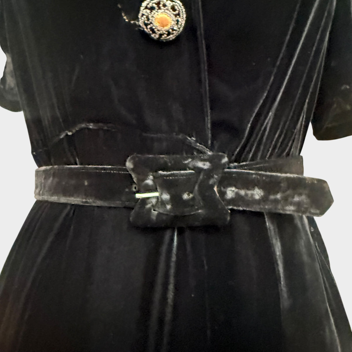 1940s Black Silk Velvet Gown with Beaded Grapevine Collar