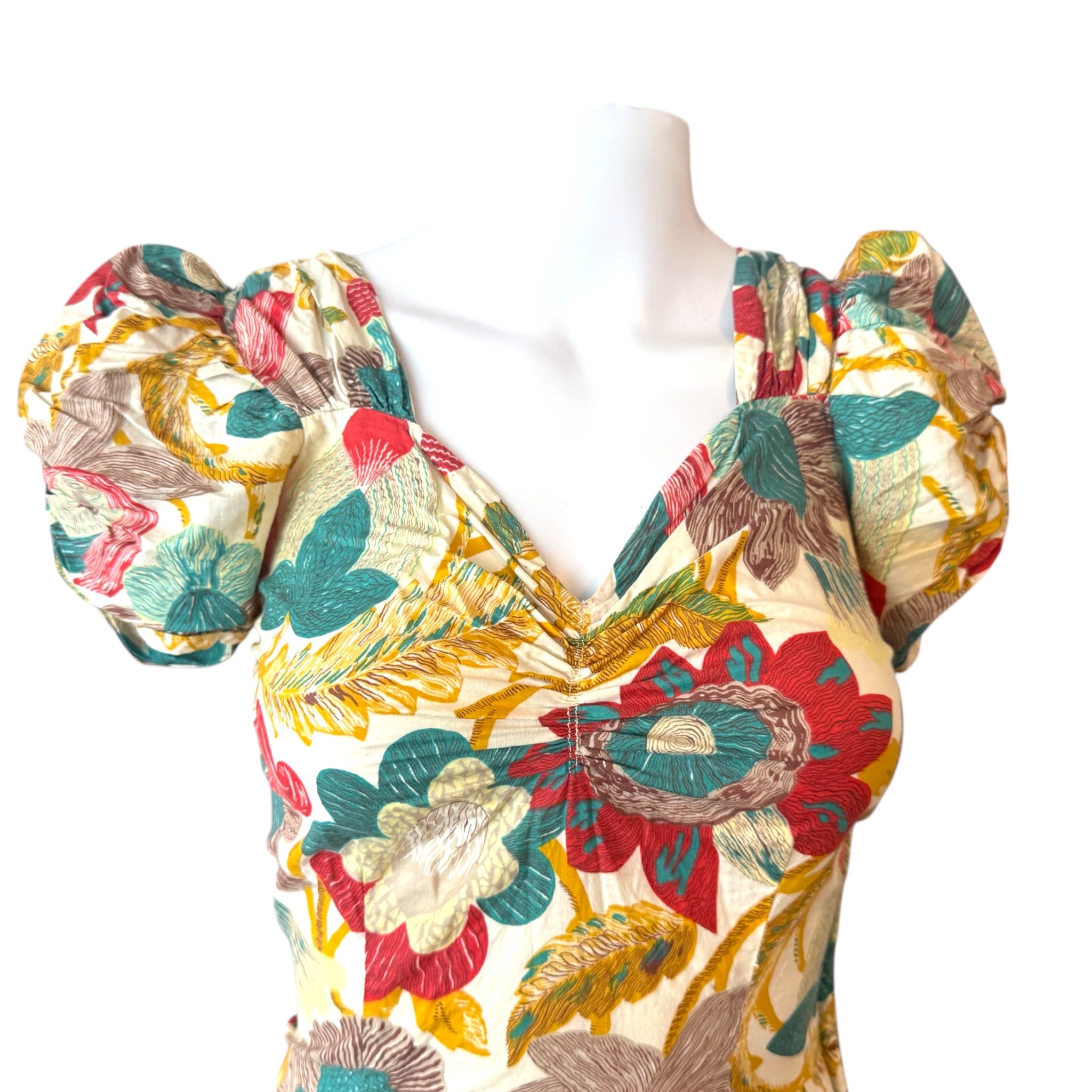 1930s Bias-Cut Cotton Floral Print Dress with Ruched Shoulders