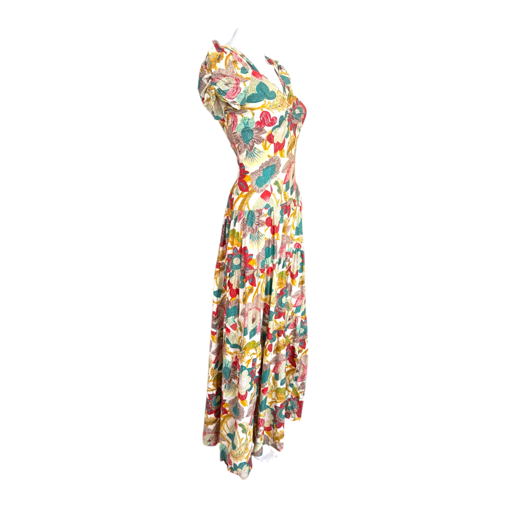 1930s Bias-Cut Cotton Floral Print Dress with Ruched Shoulders