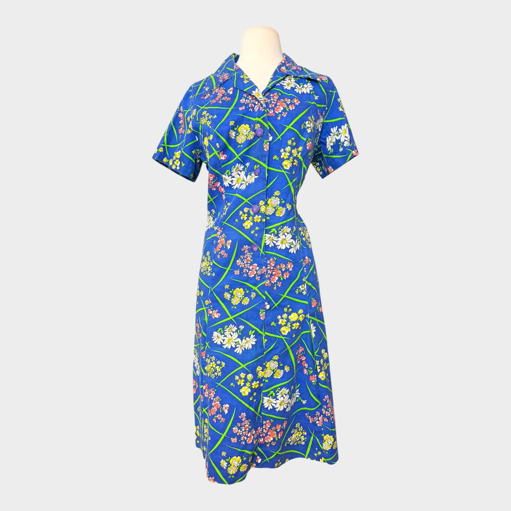 1950s blue floral cotton house dress