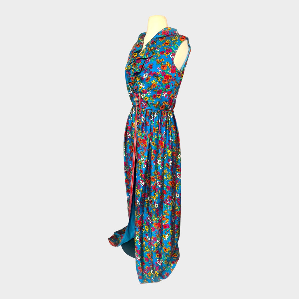 Vintage 1960s Floral Hostess Gown with Dramatic Front Slit