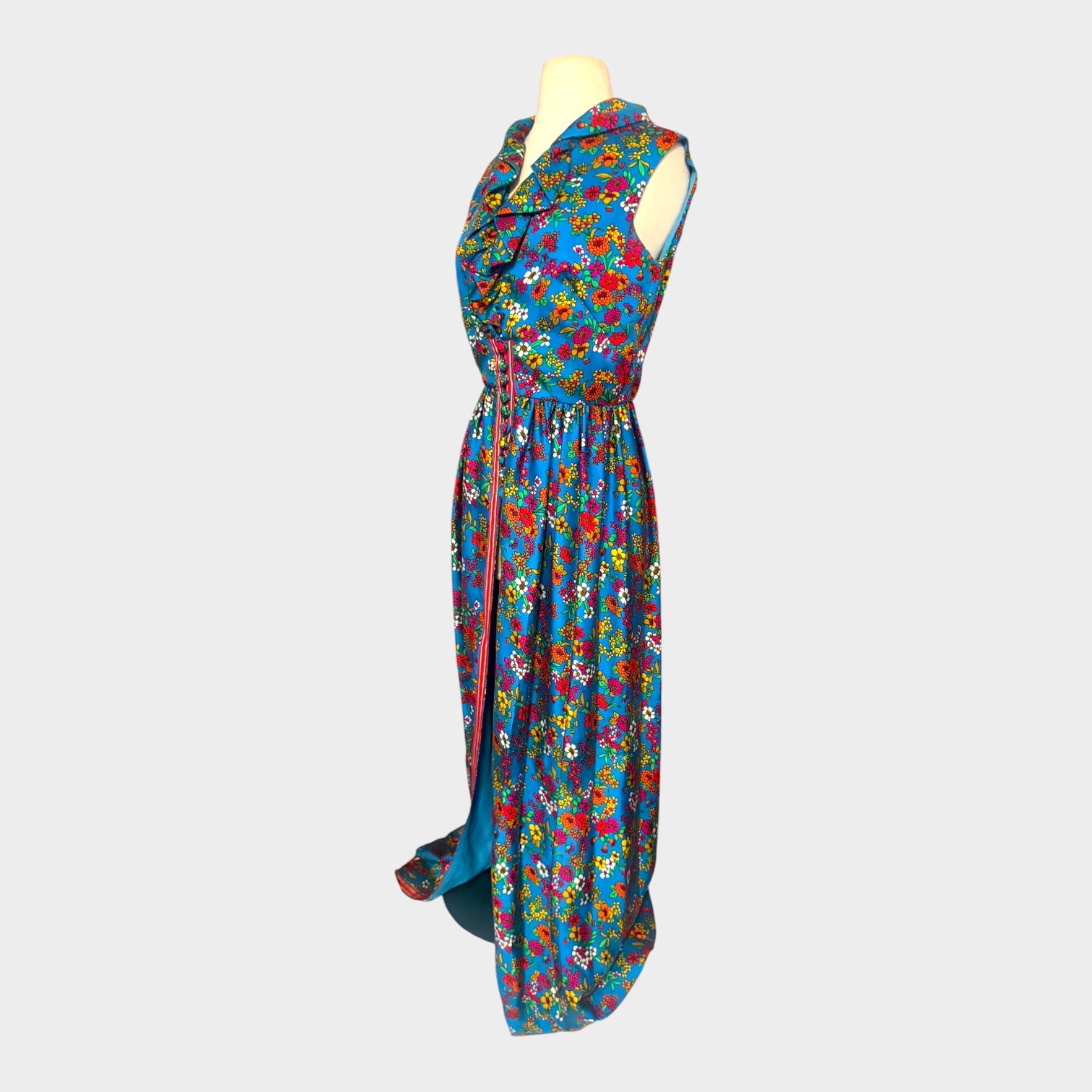 Vintage 1960s Floral Hostess Gown with Dramatic Front Slit