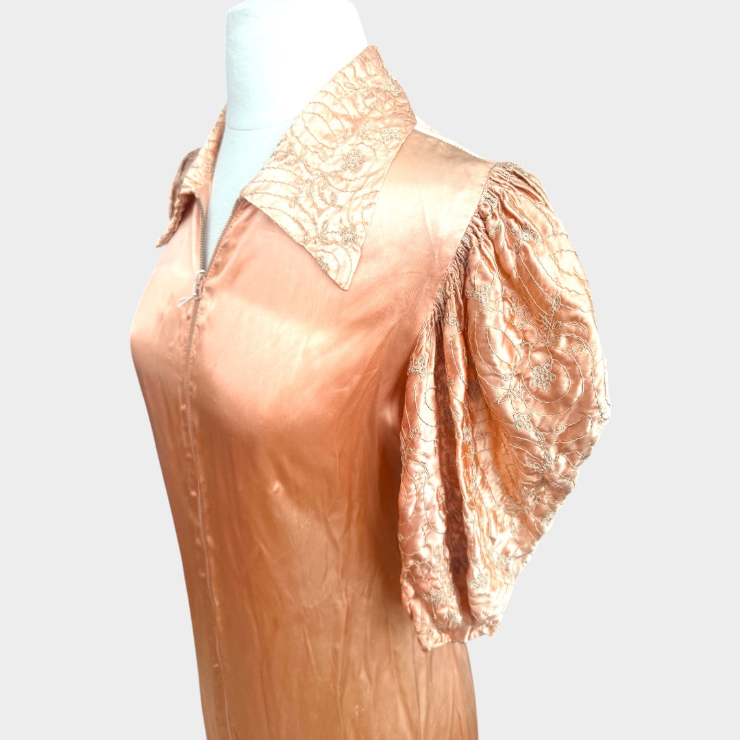 Old Hollywood 1940s Liquid Satin Dressing Gown | Embroidered Collar & Sleeves