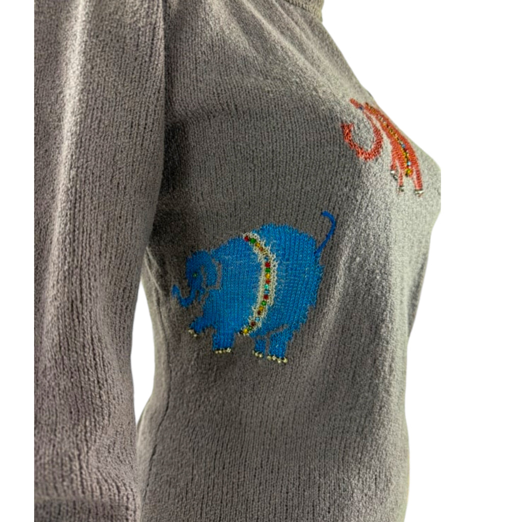 1930s-1940s Mimi Pearce Hand-Embroidered Elephant Knit Sweater Set