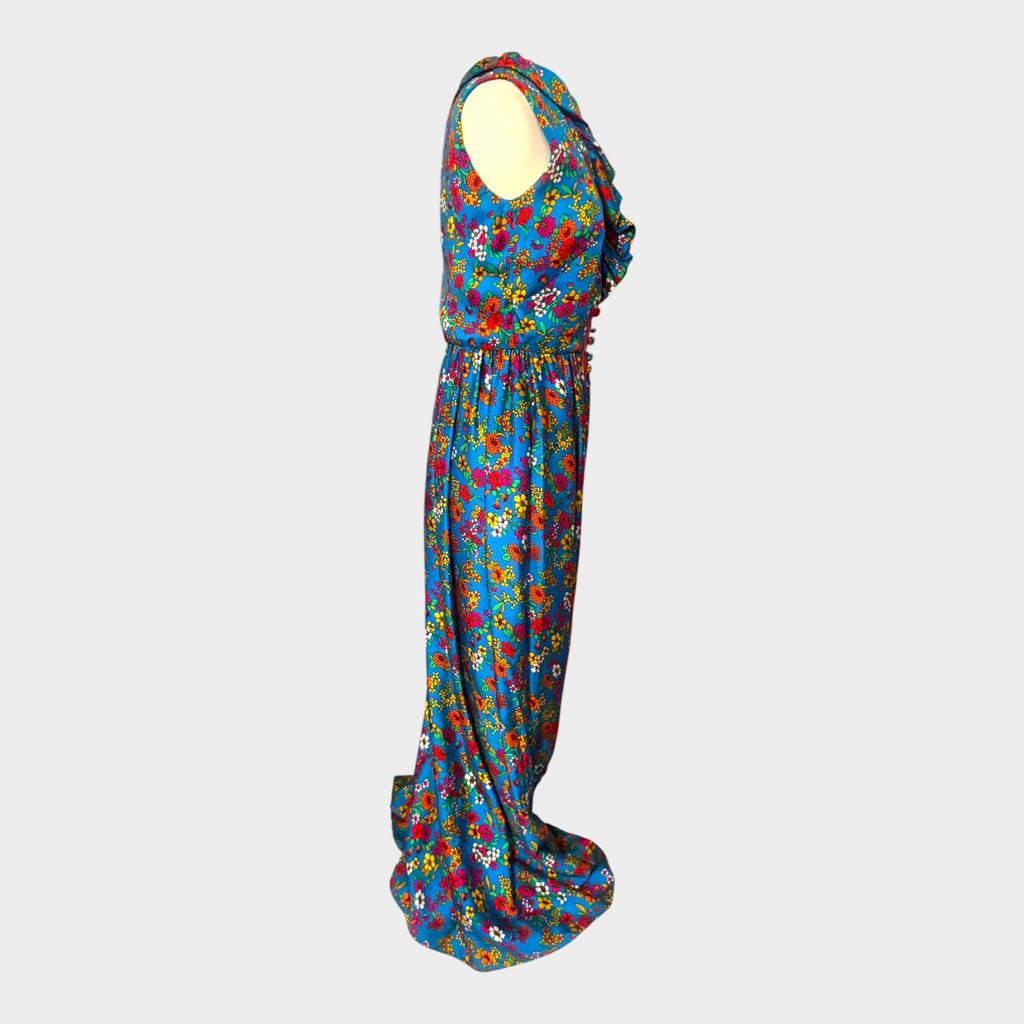 Vintage 1960s Floral Hostess Gown with Dramatic Front Slit