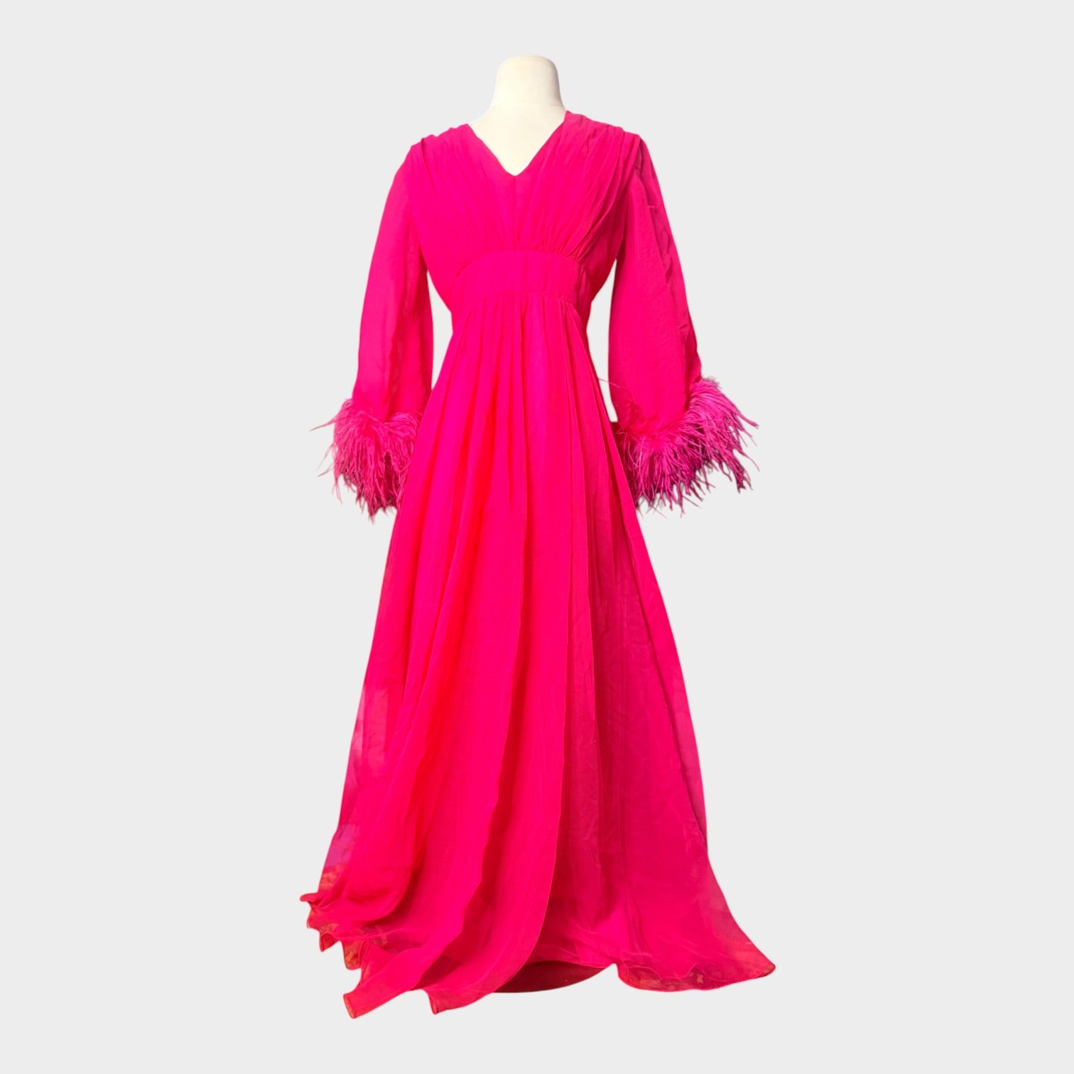Pink 70s marabou feathers chiffon full sweep maxi