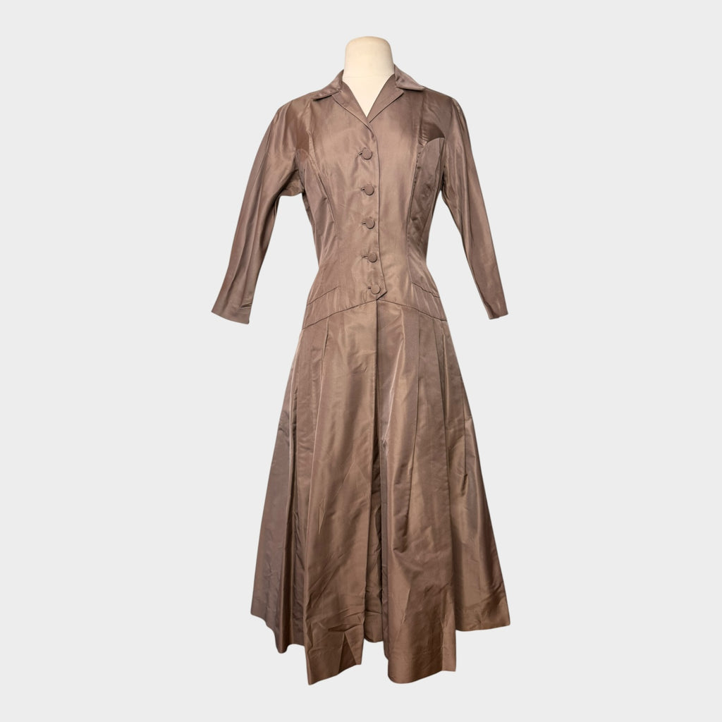 1940s Champagne Taffeta Cocktail Dress | New Look Fit & Flare Party Dress with Covered Buttons