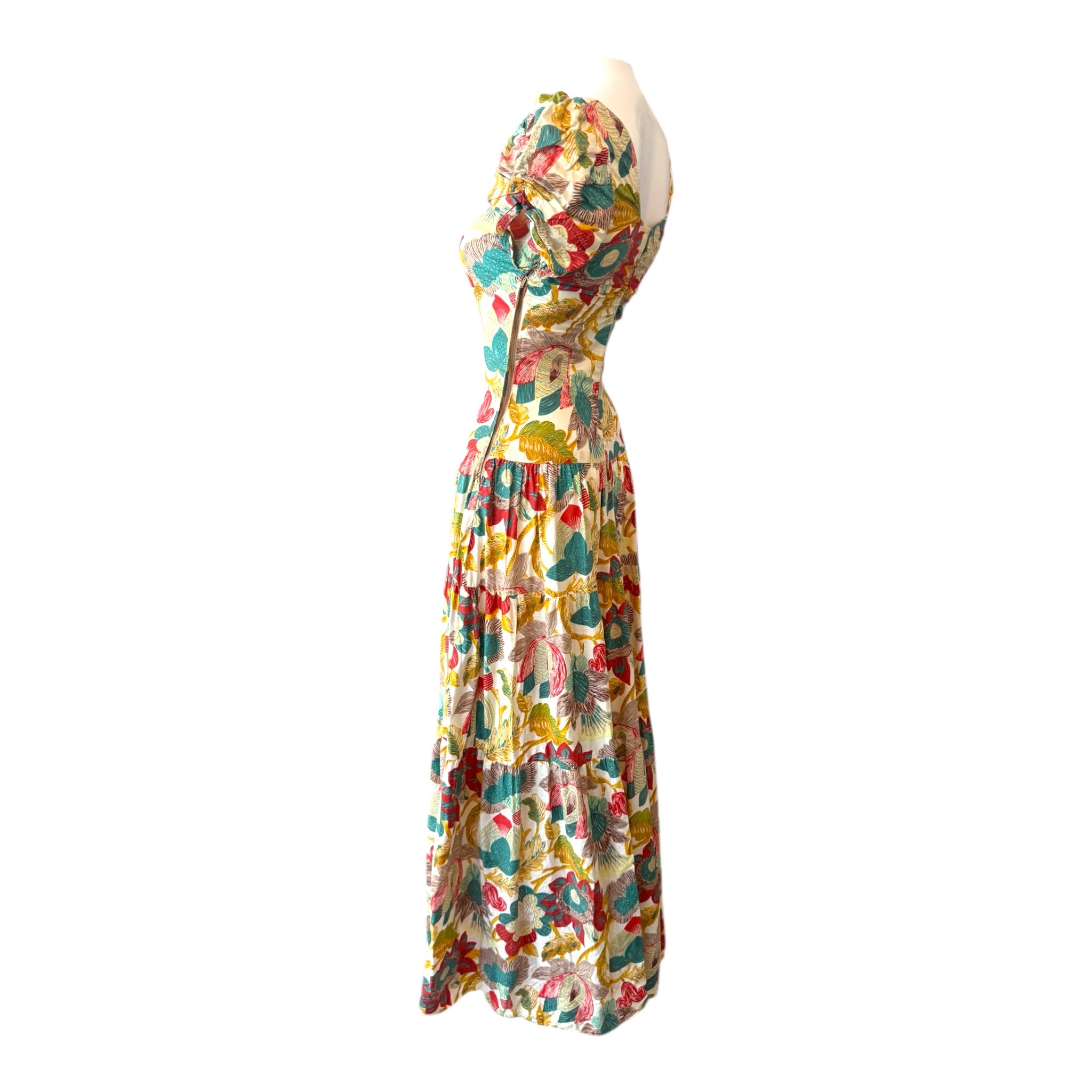 1930s Bias-Cut Cotton Floral Print Dress with Ruched Shoulders