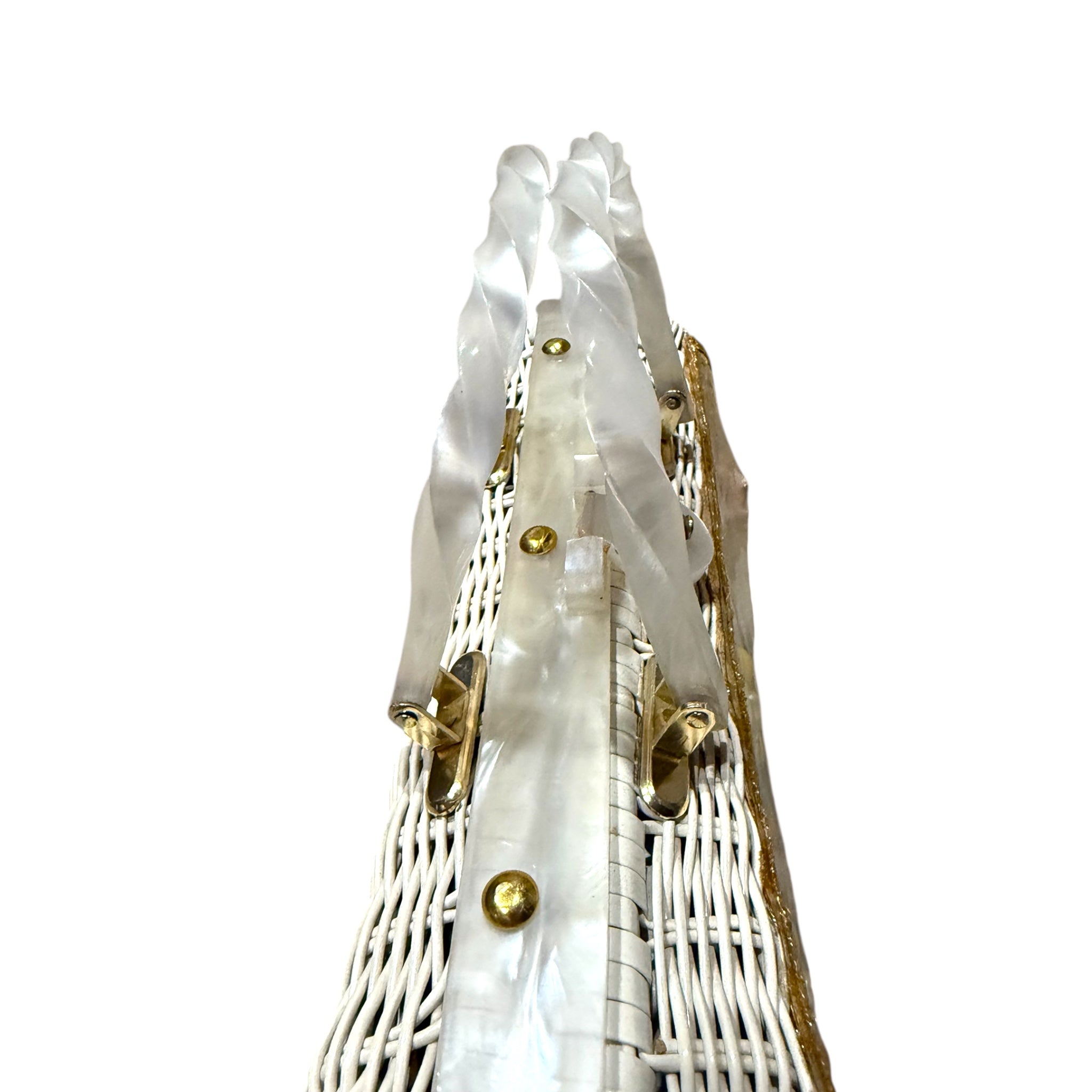 1950s-60s Seashell Floral White Wicker Basket Purse with Lucite Handles