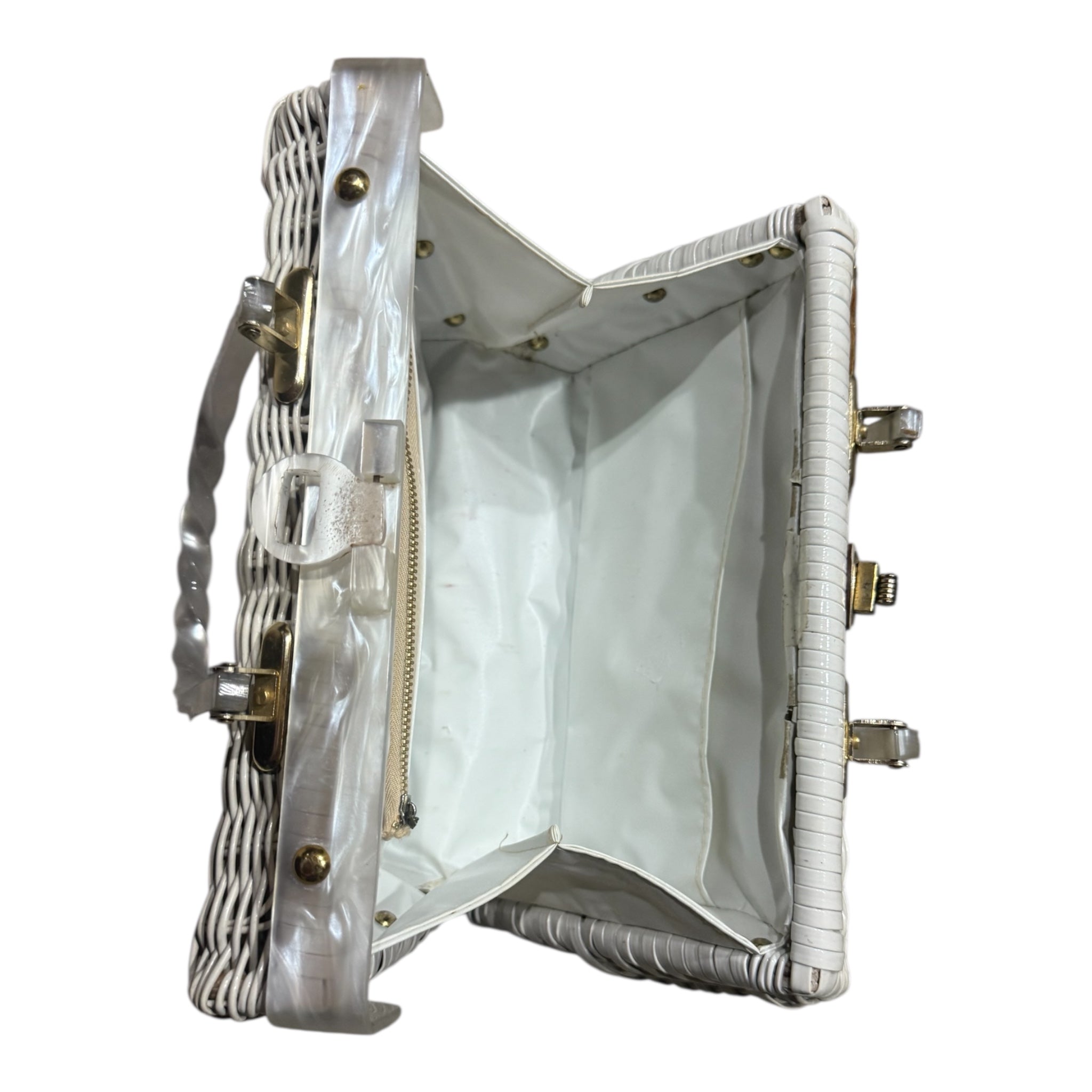 1950s-60s Seashell Floral White Wicker Basket Purse with Lucite Handles