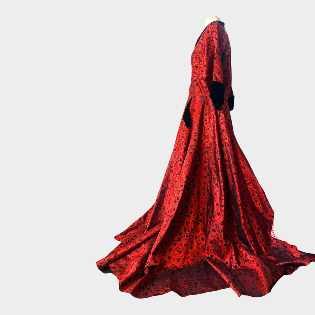 Vintage 1940s Crimson Satin Hostess Gown | Black Velvet Trim Novelty Print Glamour Robe