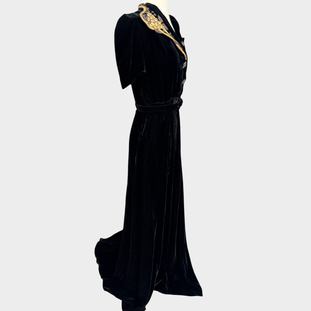 1940s Black Silk Velvet Gown with Beaded Grapevine Collar