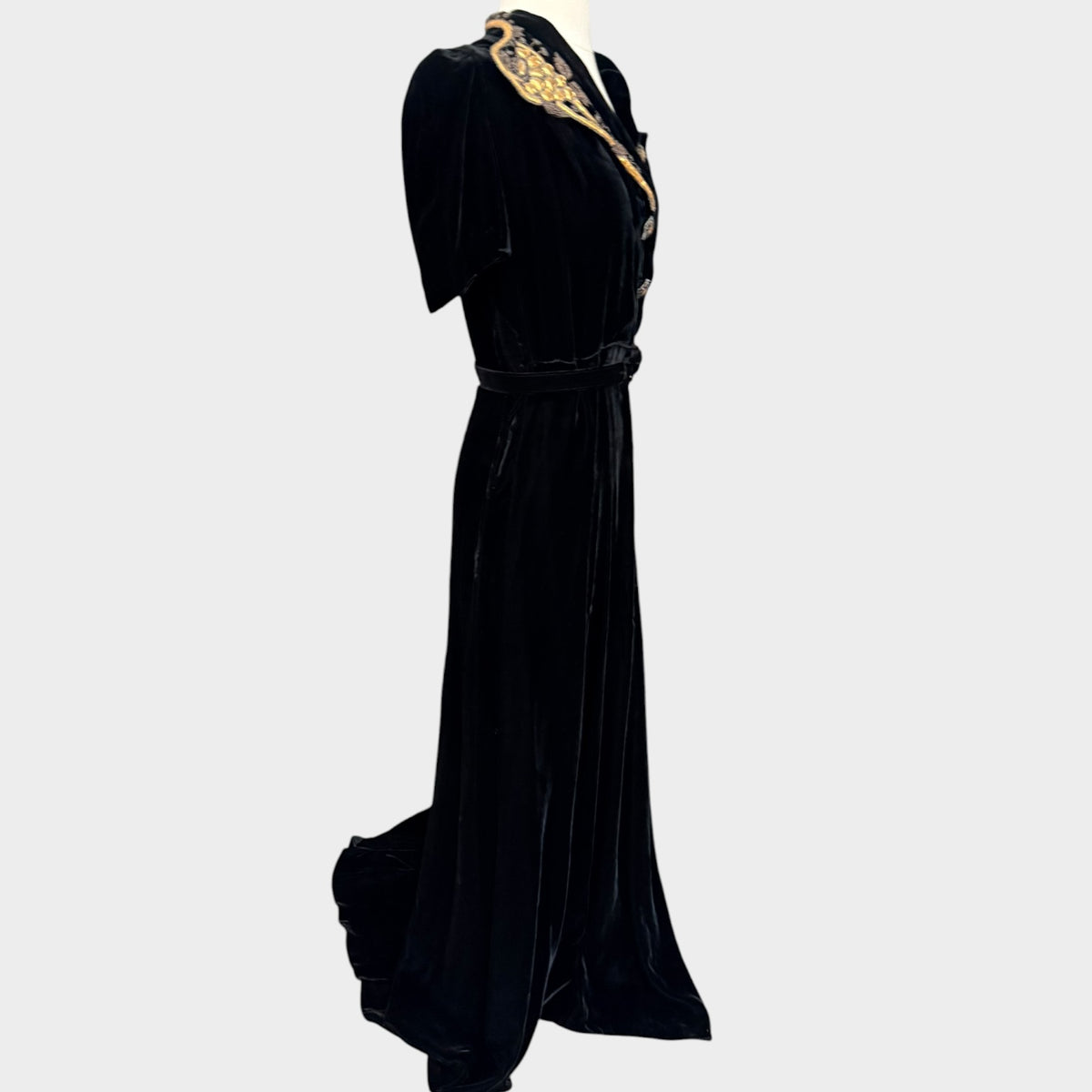 1940s Black Silk Velvet Gown with Beaded Grapevine Collar