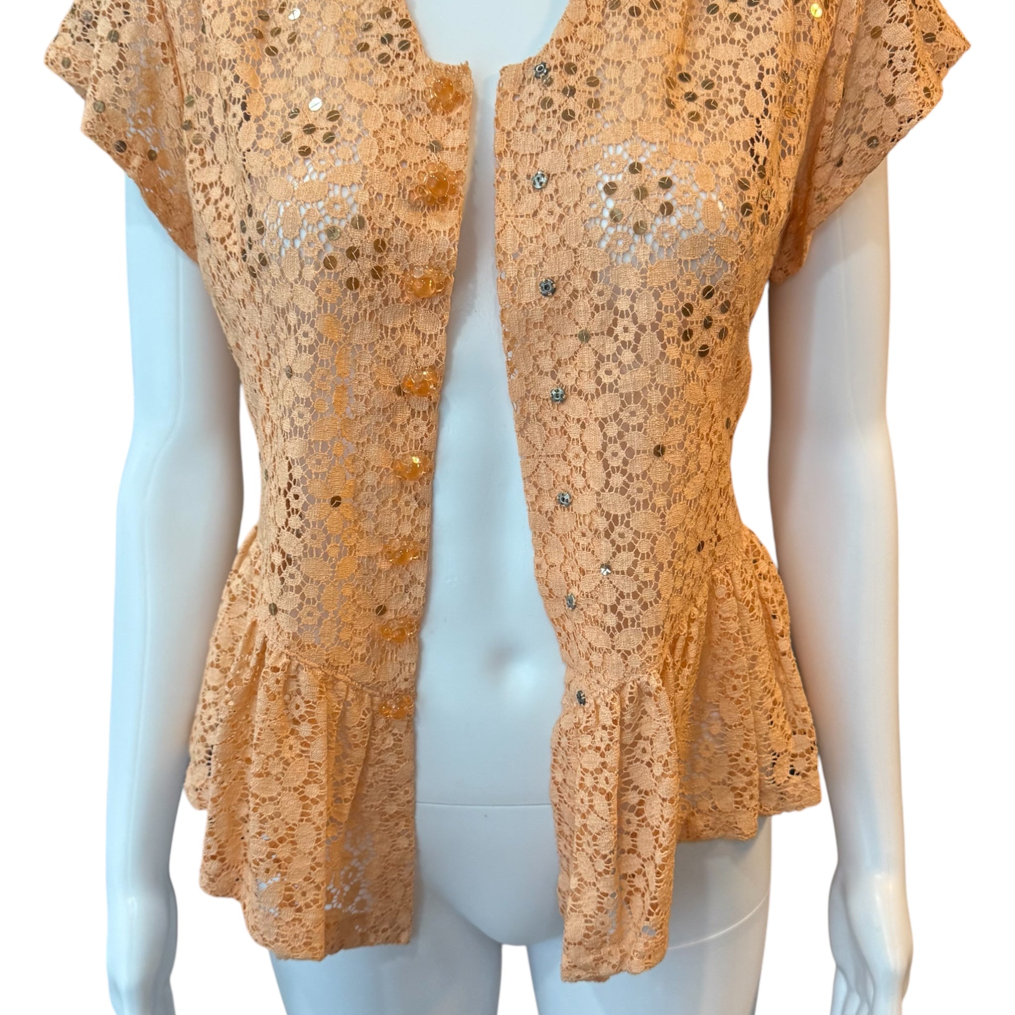 Vintage 1930s peach Lace Peplum Blouse with glass buttons