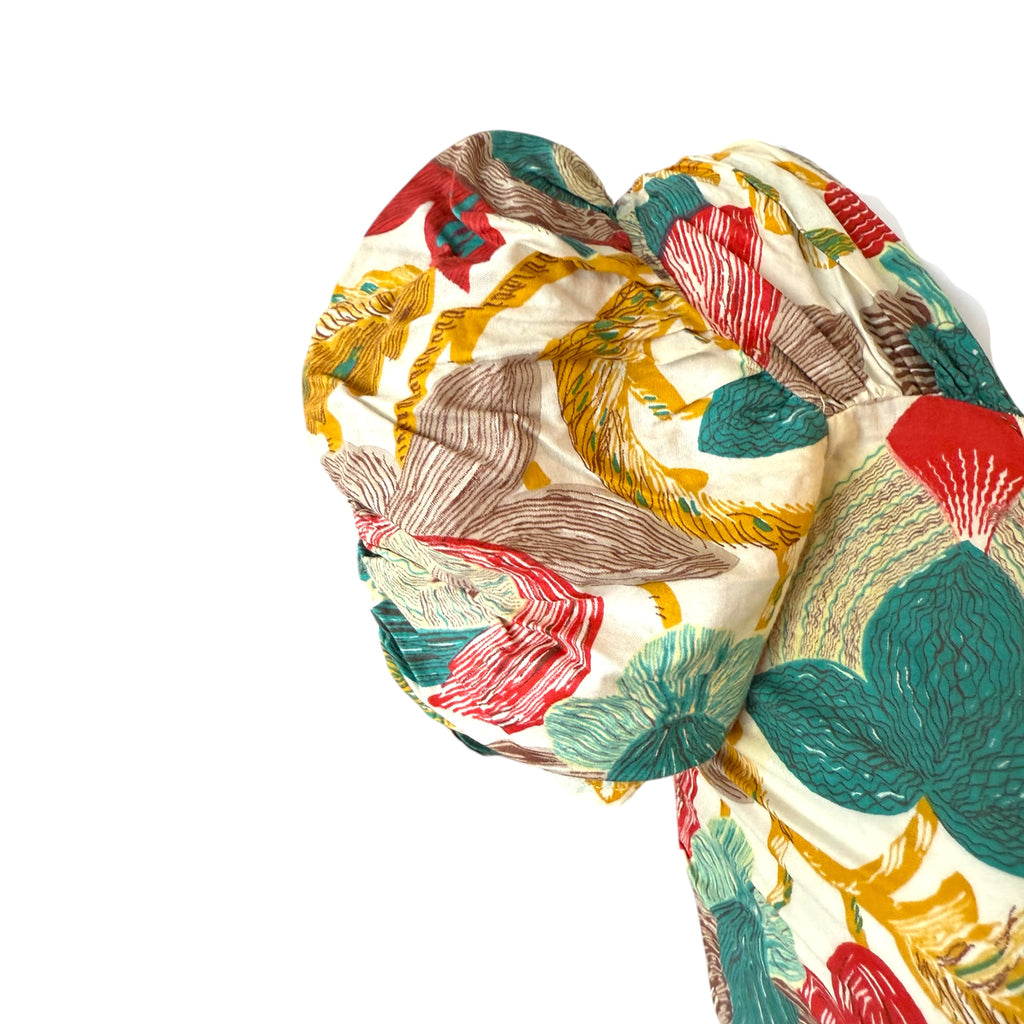 1930s Bias-Cut Cotton Floral Print Dress with Ruched Shoulders