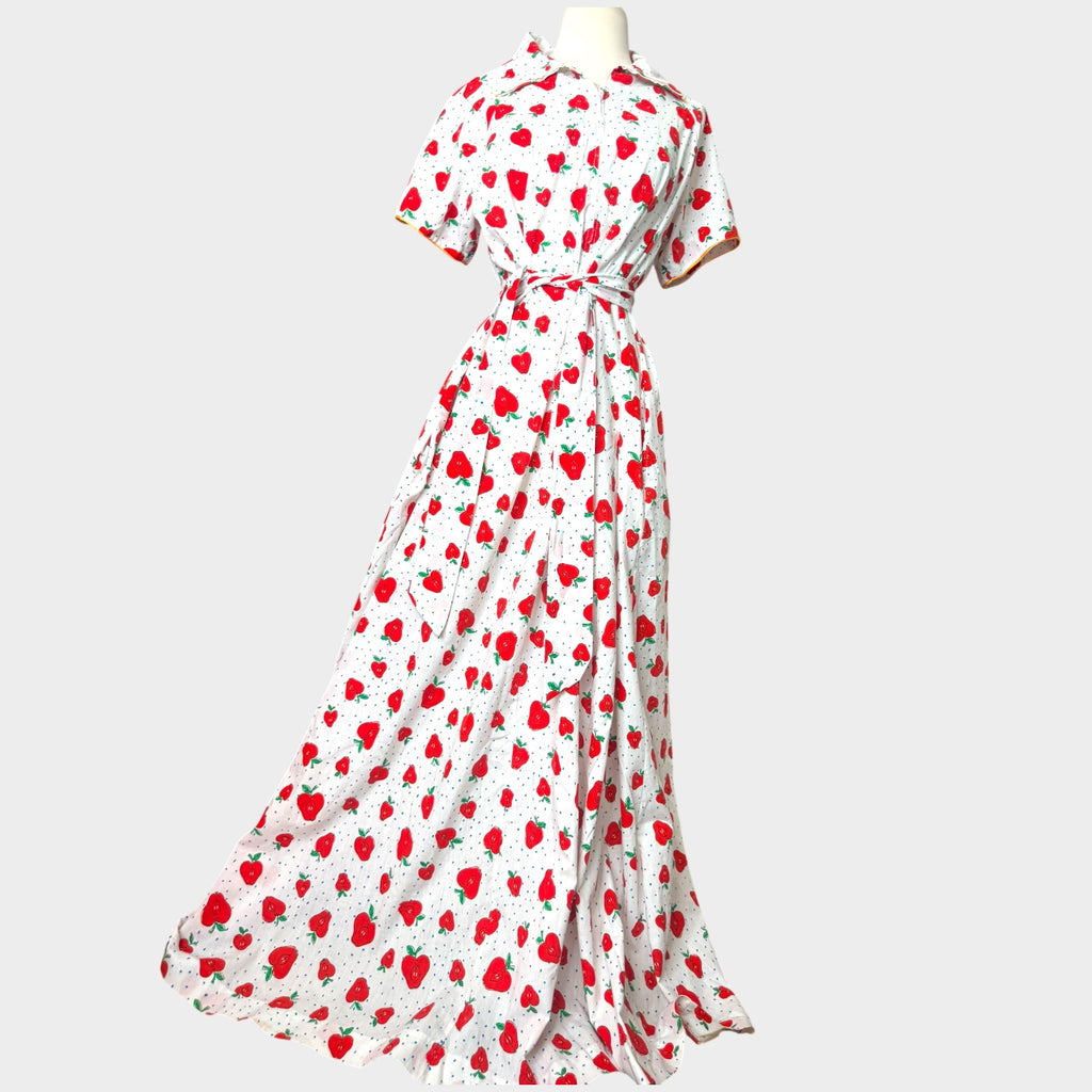 1970s David Brown Cotton maxi dress novelty apple print