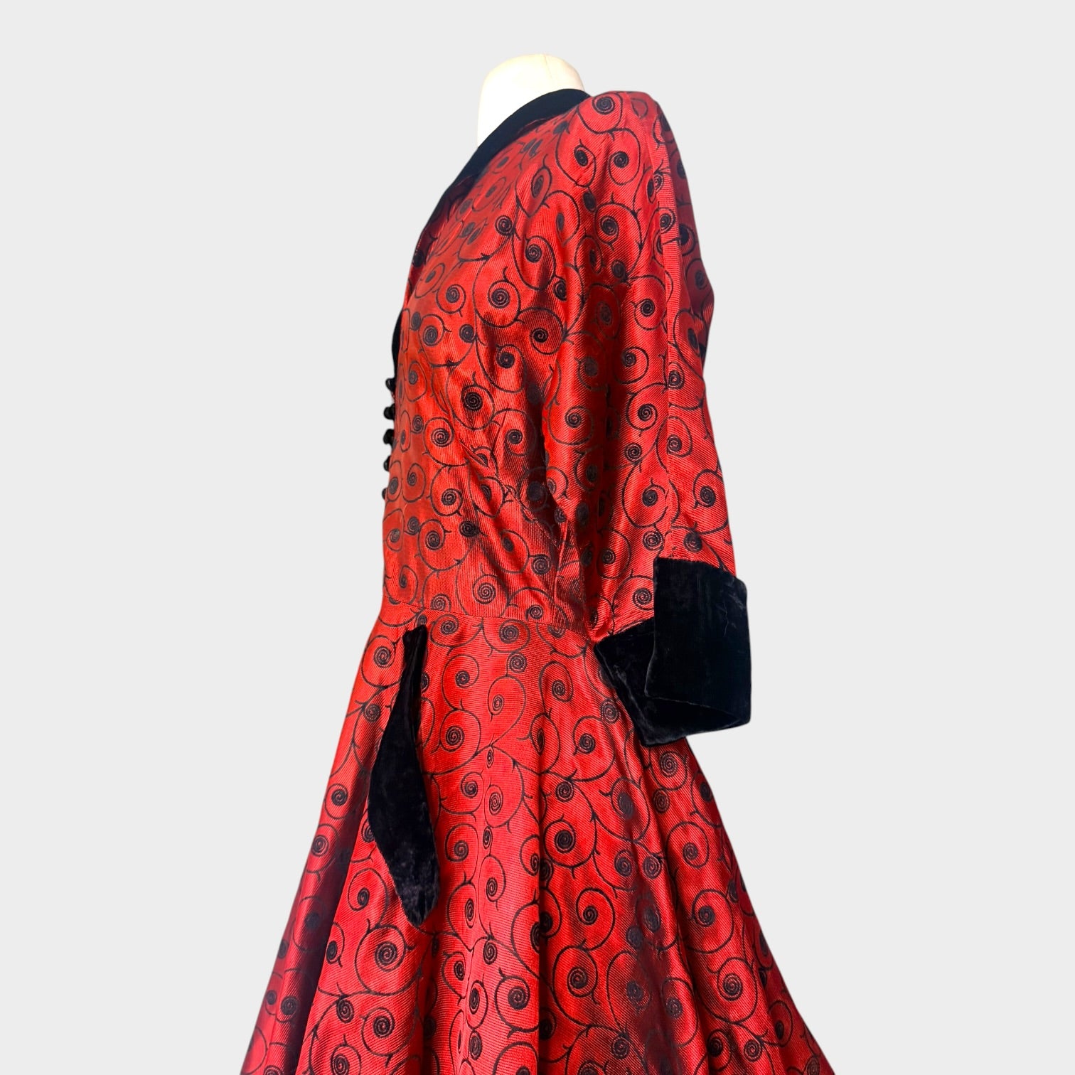 Vintage 1940s Crimson Satin Hostess Gown | Black Velvet Trim Novelty Print Glamour Robe
