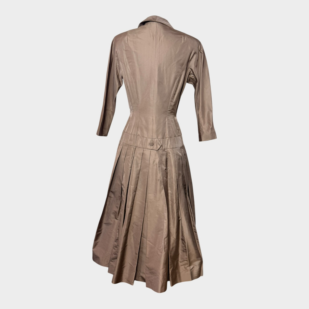 1940s Champagne Taffeta Cocktail Dress | New Look Fit & Flare Party Dress with Covered Buttons