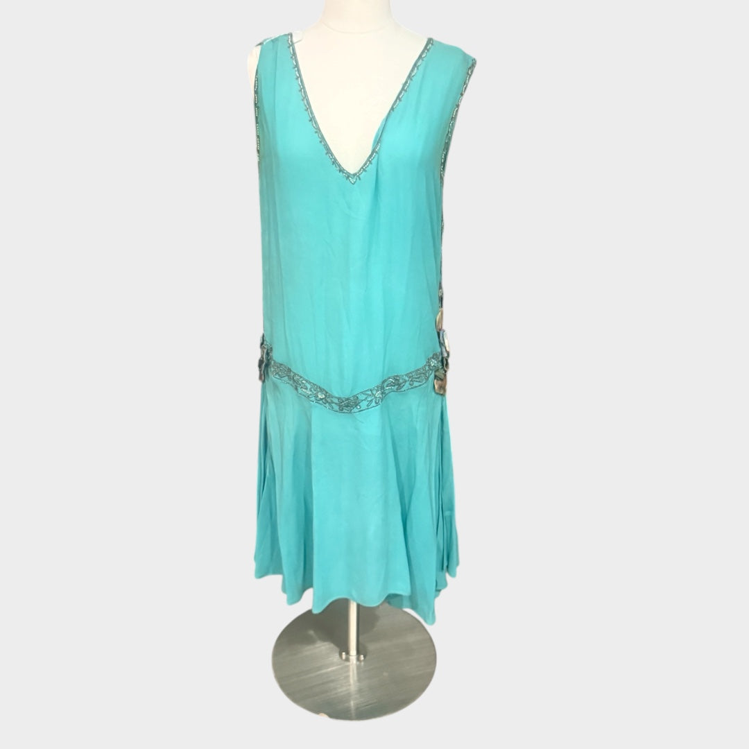 Early 1930s Art Deco Era Beaded teal flapper dress