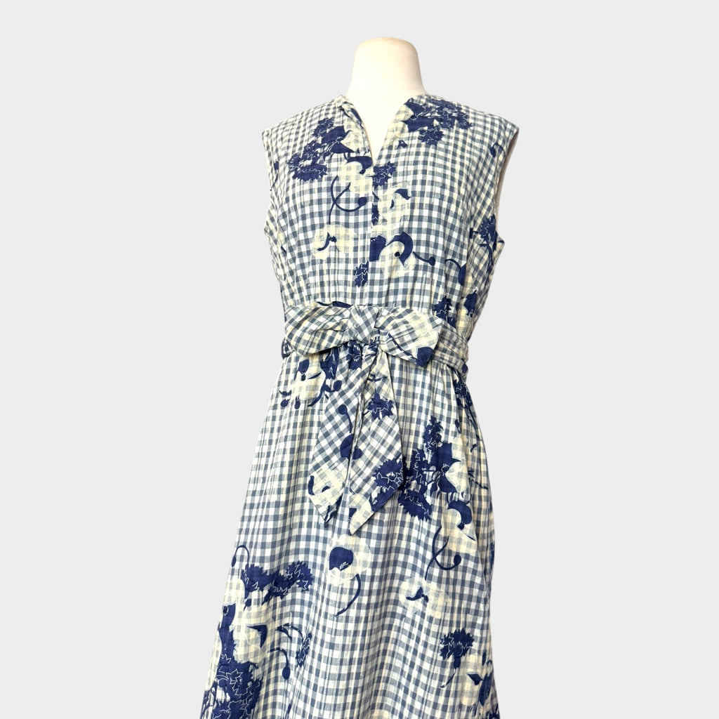 Vintage 1970s Ando Couture by Aritha Blue Gingham Floral Cotton Maxi Dress