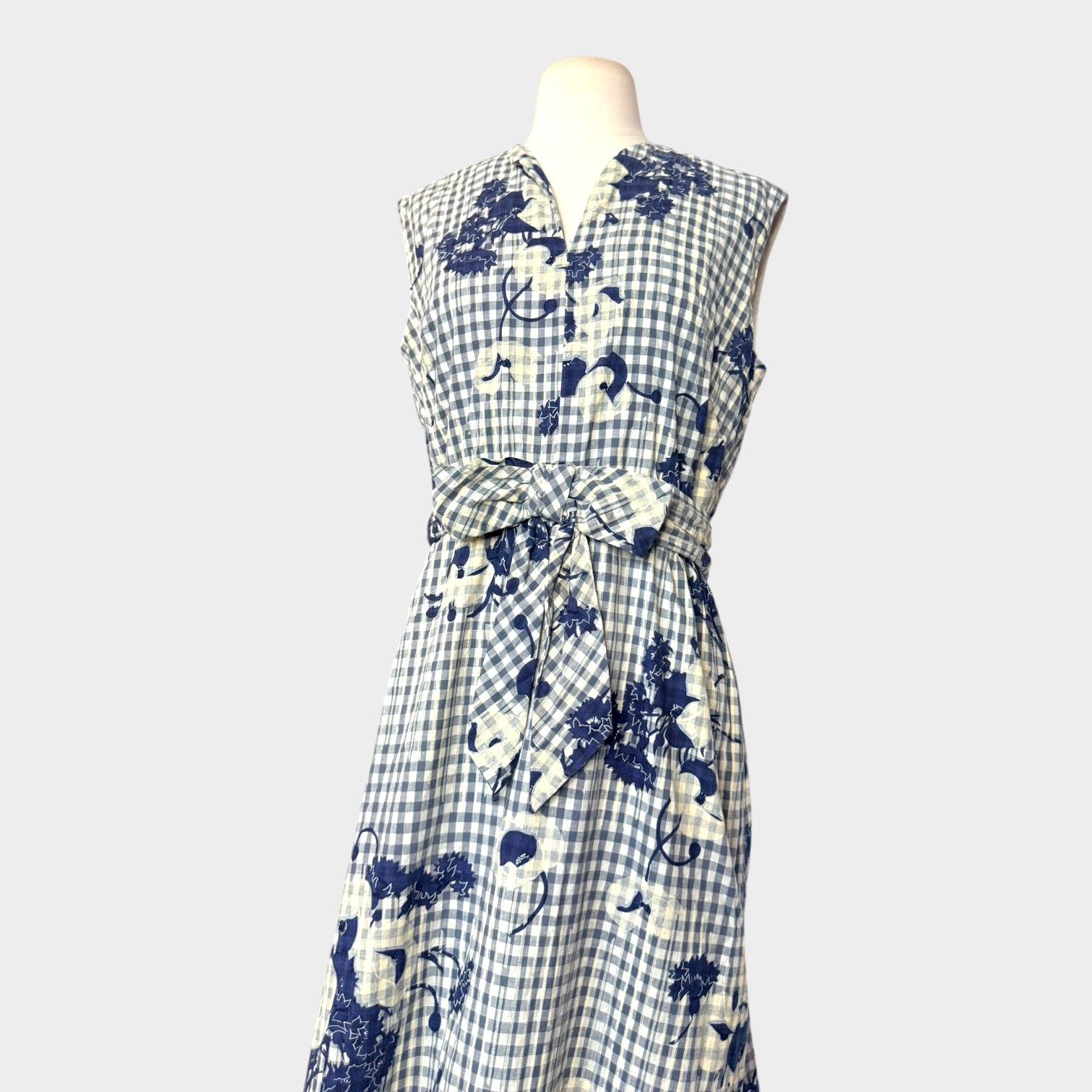 Vintage 1970s Ando Couture by Aritha Blue Gingham Floral Cotton Maxi Dress