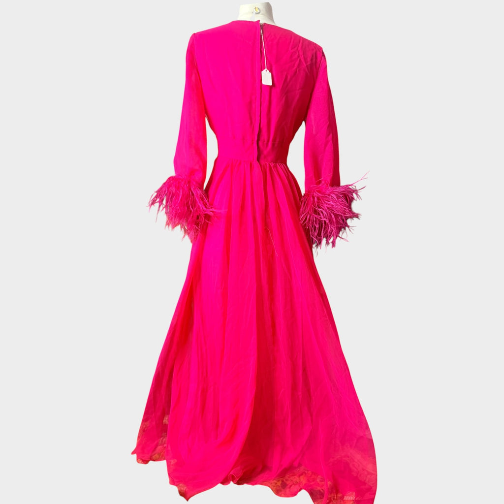 Pink 70s marabou feathers chiffon full sweep maxi