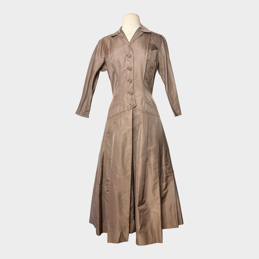 1940s Champagne Taffeta Cocktail Dress | New Look Fit & Flare Party Dress with Covered Buttons
