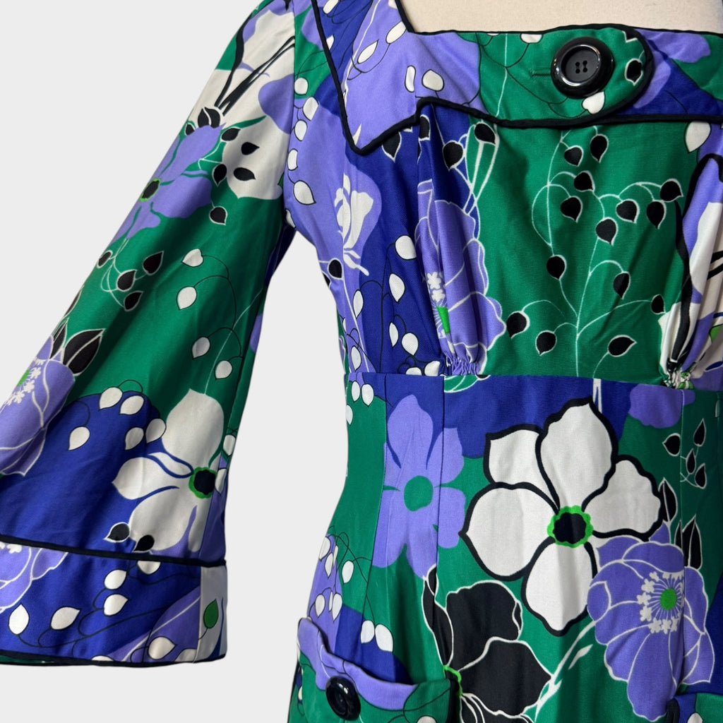 Vintage 1970s Mod Floral Maxi Dress | Bold Graphic Print with Novelty Buttons & Patch Pockets