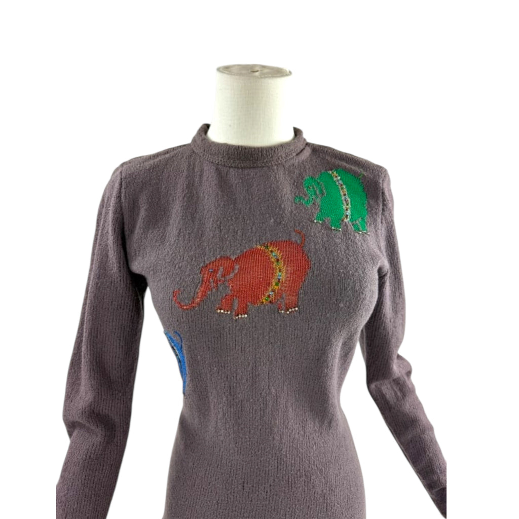 1930s-1940s Mimi Pearce Hand-Embroidered Elephant Knit Sweater Set