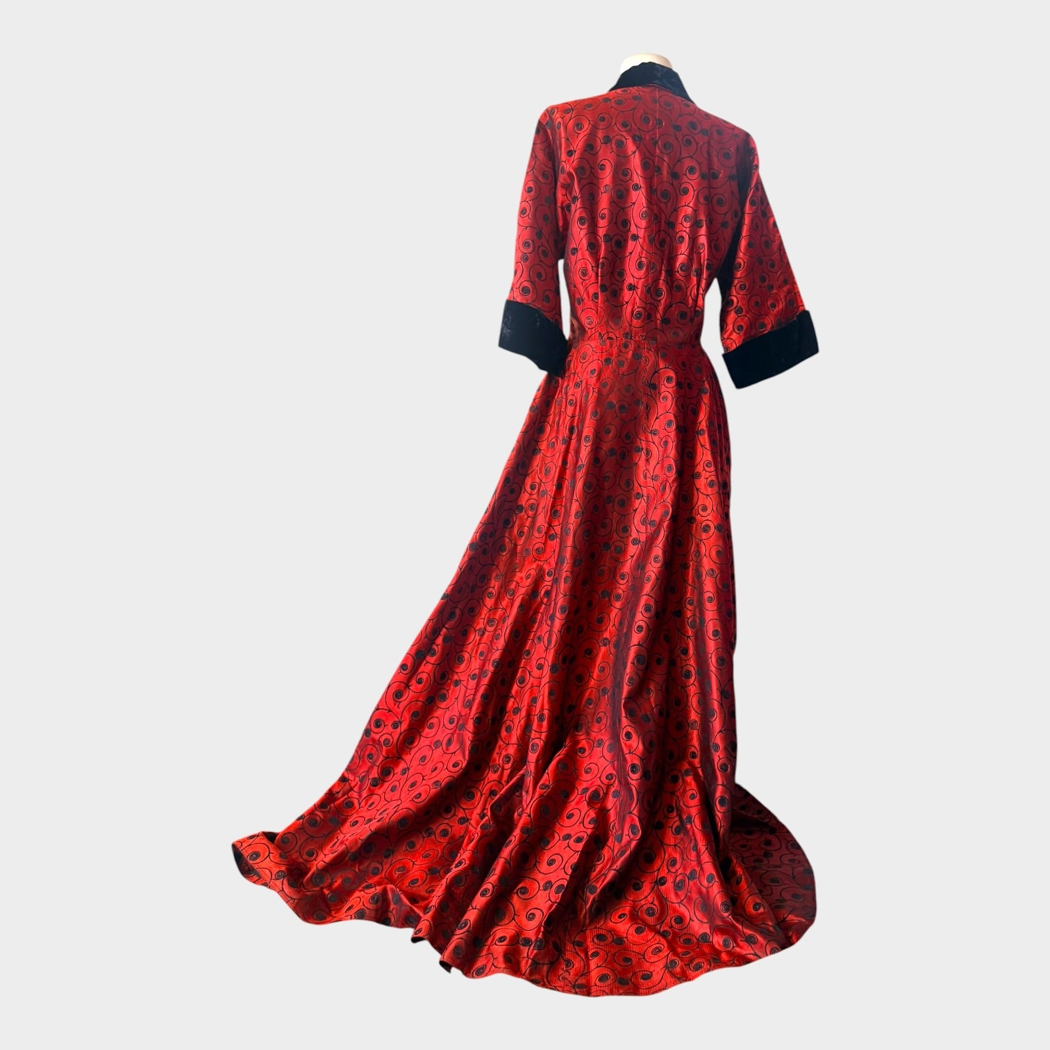 Vintage 1940s Crimson Satin Hostess Gown | Black Velvet Trim Novelty Print Glamour Robe