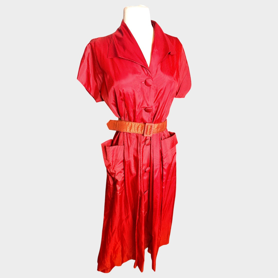 1940s Ruby Red Satin Day Dress with Original Belt