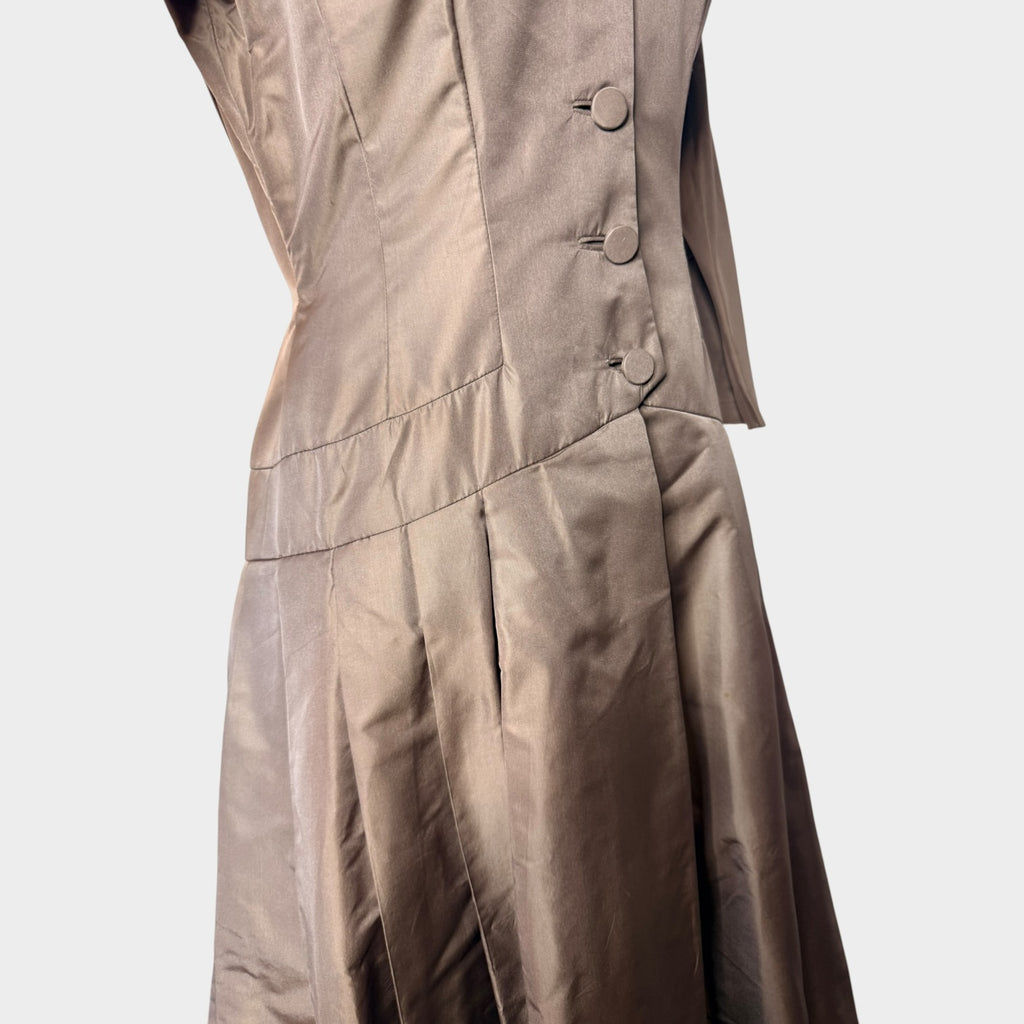 1940s Champagne Taffeta Cocktail Dress | New Look Fit & Flare Party Dress with Covered Buttons