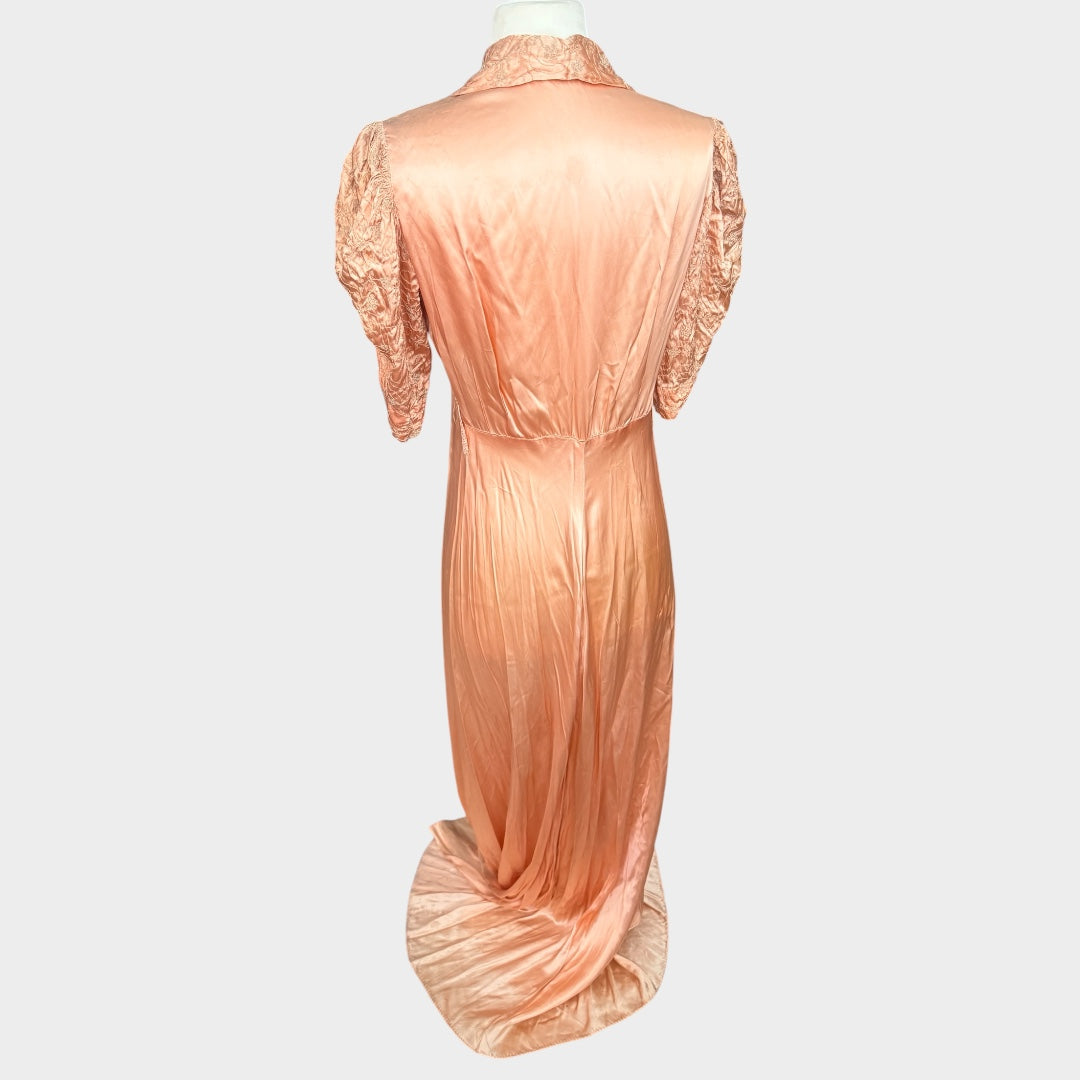 Old Hollywood 1940s Liquid Satin Dressing Gown | Embroidered Collar & Sleeves